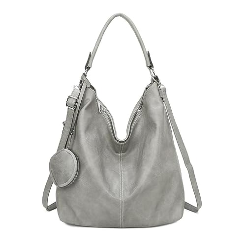 OBC Damen Tasche Shopper Hobo-Bag Schultertasche Umhängetasche Handtasche Damentasche Reisetasche Beuteltasche Leder Optik Hellgrau von ITALYSHOP24