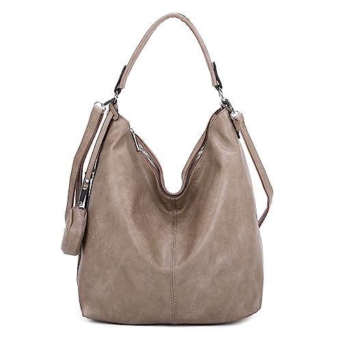 OBC Damen Tasche Shopper Hobo-Bag Schultertasche Umhängetasche Handtasche Damentasche Reisetasche Beuteltasche Leder Optik Taupe von ITALYSHOP24