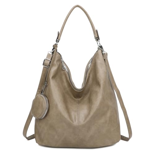 OBC Damen Tasche Shopper Hobo-Bag Schultertasche Umhängetasche Handtasche Damentasche Reisetasche Beuteltasche Leder Optik Taupe von ITALYSHOP24
