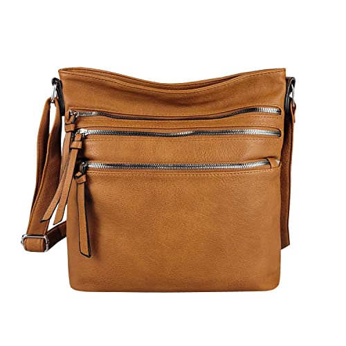 OBC Damen Tasche Shopper Schultertasche Umhängetasche Crossover Crossbody Henkeltasche Beuteltasche Handtasche City Bag Reise Kunst-Leder Cognac von ITALYSHOP24