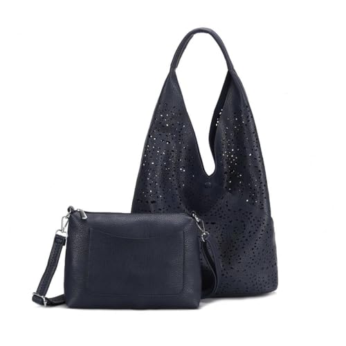 Damen Tasche XXL Set 2in1 Shopper Hobo Bag Schultertasche Cross Over Body Bag Umhängetasche Beuteltasche Handtasche Leder Optik Dunkelblau von ITALYSHOP24