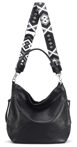 OBC Damen Tasche XXL Shopper Hobo Bag Schultertasche Crossbody Umhängetasche Beuteltasche Handtasche Crossover Leder Optik Schwarz von ITALYSHOP24