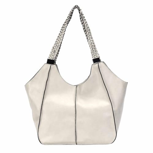 OBC Damen XXL Tasche Schultertasche Shopper Businesstasche Umhängetasche Workbag Henkeltasche Reisetasche FLECHTOPTIK Henkel Leder Optik Beige von ITALYSHOP24