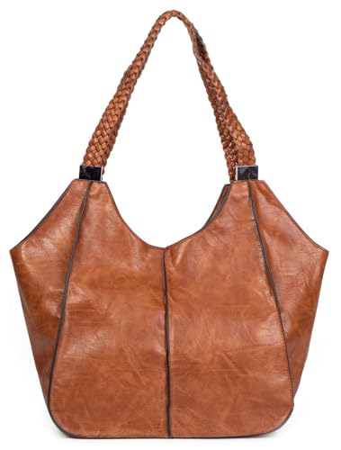 OBC Damen XXL Tasche Schultertasche Shopper Businesstasche Umhängetasche Workbag Henkeltasche Reisetasche FLECHTOPTIK Henkel Leder Optik Cognac von ITALYSHOP24