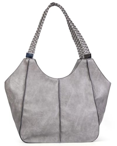 OBC Damen XXL Tasche Schultertasche Shopper Businesstasche Umhängetasche Workbag Henkeltasche Reisetasche FLECHTOPTIK Henkel Leder Optik Hellgrau von ITALYSHOP24