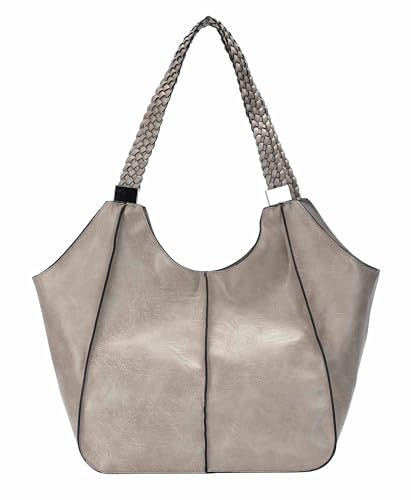 OBC Damen XXL Tasche Schultertasche Shopper Businesstasche Umhängetasche Workbag Henkeltasche Reisetasche FLECHTOPTIK Henkel Leder Optik Helltaupe von ITALYSHOP24