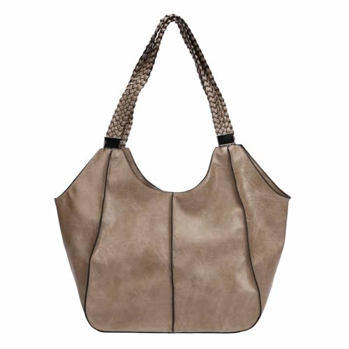 OBC Damen XXL Tasche Schultertasche Shopper Businesstasche Umhängetasche Workbag Henkeltasche Reisetasche FLECHTOPTIK Henkel Leder Optik Taupe von ITALYSHOP24