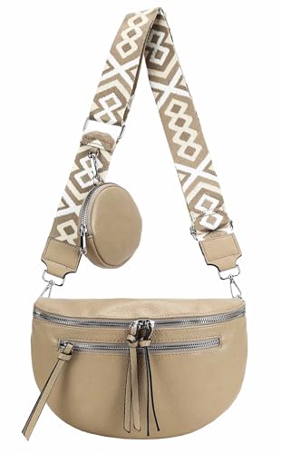ITALYSHOP24 Damen Tasche Umhängetasche Brusttasche Muster Gürtel Bauchtasche Crossbody Gürteltasche Hüfttasche Crossover Bodybag Schultertasche Handytasche Leder Optik Taupe von ITALYSHOP24