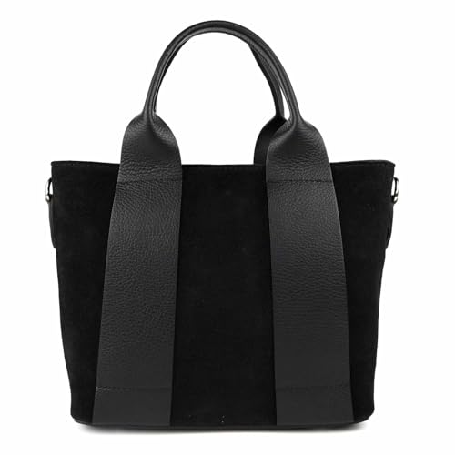 Made IN Italy Damen Echt Leder Tasche Business Shopper Wildleder Schultertasche Handtasche Umhängetasche Freizeittasche Ledertasche Schwarz von ITALYSHOP24