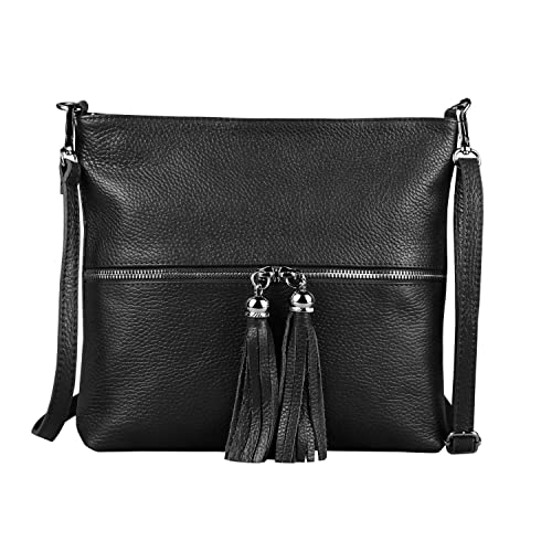 OBC Made in Italy Damen Leder Tasche Bodybag Schultertasche Crossover Umhängetasche Handtasche Ledertasche Damentasche Crossbody Schwarz von ITALYSHOP24