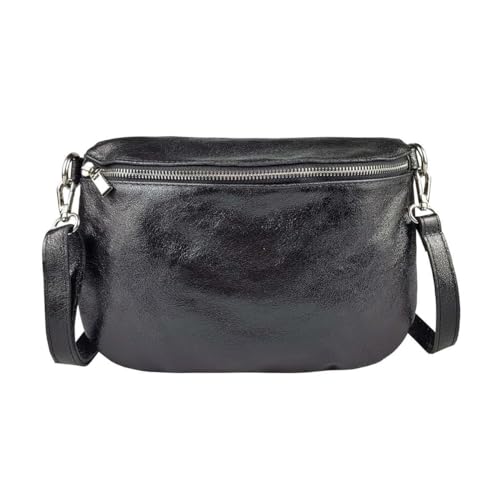 OBC Made in Italy Damen Leder Tasche Gürteltasche Crossbody Hüfttasche Bauchtasche Umhängetasche Cross-Over Bodybag Schultertasche Handytasche (Schwarz (Metallic)) von ITALYSHOP24