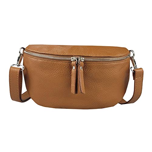 OBC Made in Italy Damen Leder Tasche Handytasche Gürteltasche Crossbody Hüfttasche Bauchtasche Umhängetasche Cross-Over Bodybag Schultertasche Kosmetiktasche Cognac von ITALYSHOP24