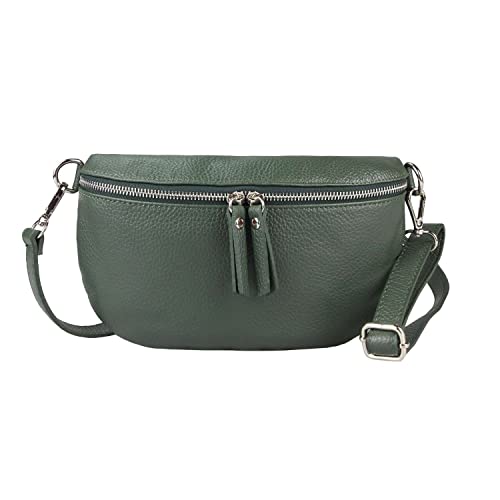 Made in Italy Damen Leder Tasche Handytasche Gürteltasche Crossbody Hüfttasche Bauchtasche Umhängetasche Cross-Over Bodybag Schultertasche Kosmetiktasche Dunkelgrün von ITALYSHOP24