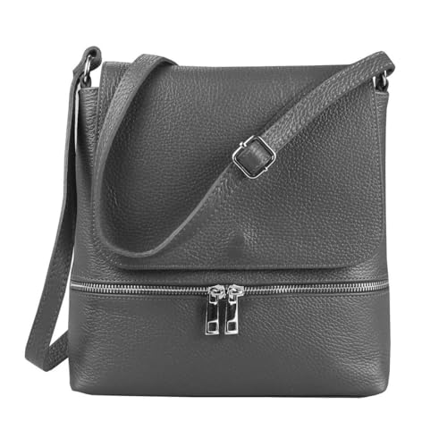 OBC Made in Italy Damen Leder Tasche Messenger Crossbody Handtasche Schultertasche Crossover Umhängetasche Shopper Damentasche Überschlagtasche Tablettasche bis ca. 7-9 Zoll Grau von ITALYSHOP24