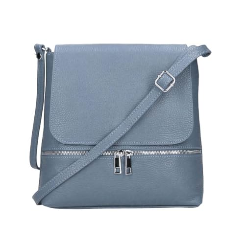 OBC Made in Italy Damen Leder Tasche Messenger Crossbody Handtasche Schultertasche Crossover Umhängetasche Shopper Damentasche Überschlagtasche Tablettasche bis ca. 7-9 Zoll Jeansblau von ITALYSHOP24