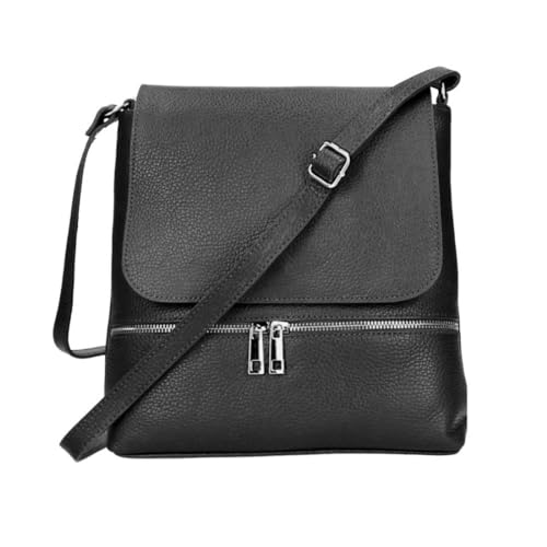 OBC Made in Italy Damen Leder Tasche Messenger Crossbody Handtasche Schultertasche Crossover Umhängetasche Shopper Damentasche Überschlagtasche Tablettasche bis ca. 7-9 Zoll Schwarz von ITALYSHOP24