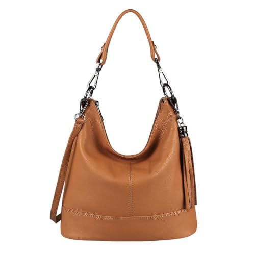 OBC Made in Italy Damen Leder Tasche Umhängetasche Shopper Schultertasche Handtasche Crossbody City Bag Crossover Ledertasche Damentasche Fransen Cognac von ITALYSHOP24