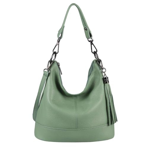 OBC Made in Italy Damen Leder Tasche Umhängetasche Shopper Schultertasche Handtasche Crossbody City Bag Crossover Ledertasche Damentasche Fransen Mint von ITALYSHOP24