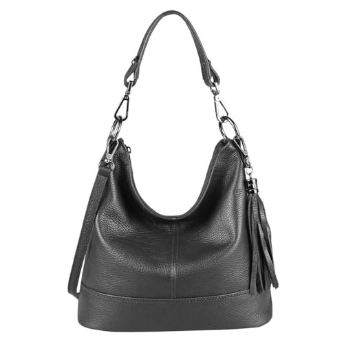 OBC Made in Italy Damen Leder Tasche Umhängetasche Shopper Schultertasche Handtasche Crossbody City Bag Crossover Ledertasche Damentasche Fransen Schwarz von ITALYSHOP24