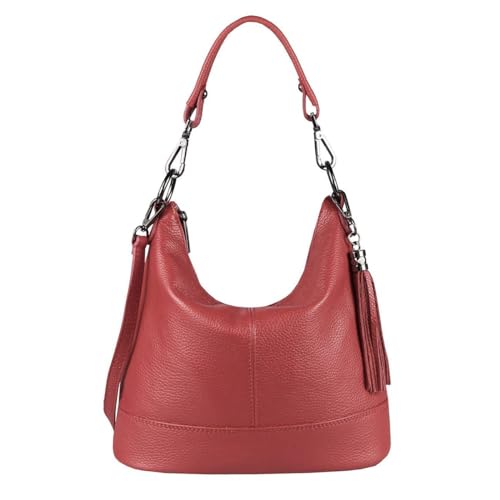 OBC Made in Italy Damen Leder Tasche Umhängetasche Shopper Schultertasche Handtasche Crossbody Hobo Bag Crossover Ledertasche Damentasche Fransen Dunkelrot von ITALYSHOP24