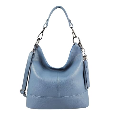 OBC Made in Italy Damen Leder Tasche Umhängetasche Shopper Schultertasche Handtasche Crossbody Hobo Bag Crossover Ledertasche Damentasche Fransen Jeansblau von ITALYSHOP24