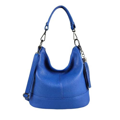 OBC Made in Italy Damen Leder Tasche Umhängetasche Shopper Schultertasche Handtasche Crossbody Hobo Bag Crossover Ledertasche Damentasche Fransen Königsblau von ITALYSHOP24