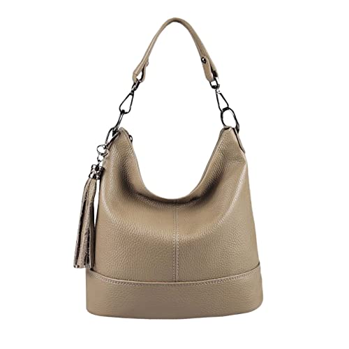 OBC Made in Italy Damen Leder Tasche Umhängetasche Shopper Schultertasche Handtasche Crossbody Hobo Bag Crossover Ledertasche Damentasche Fransen Taupe von ITALYSHOP24