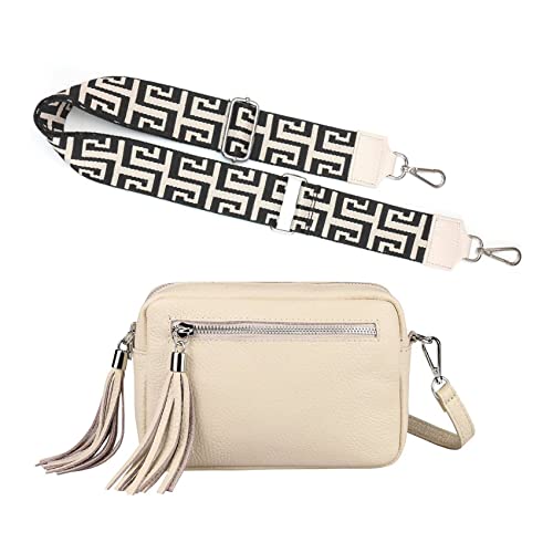 OBC Made in Italy Damen Leder Tasche mit extra breitem Zusatz Tragegurt Umhängetasche Schultertasche Beuteltasche Cross-Over Cross Bag Glattleder Schmucktasche Fransen Ledertasche Beige von ITALYSHOP24