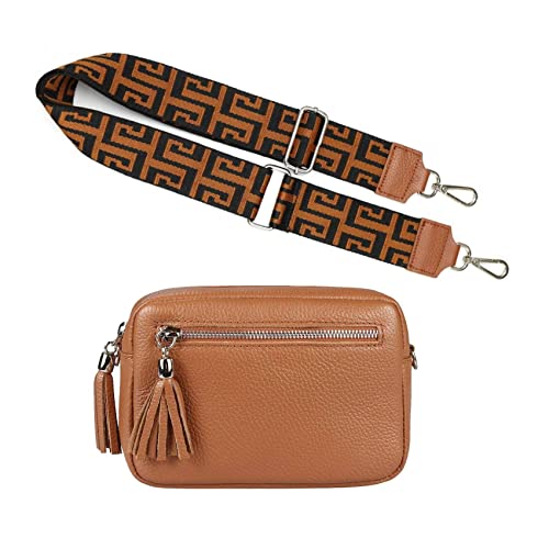 OBC Made in Italy Damen Leder Tasche mit extra breitem Zusatz Tragegurt Umhängetasche Schultertasche Beuteltasche Cross-Over Cross Bag Glattleder Schmucktasche Fransen Ledertasche Cognac von ITALYSHOP24