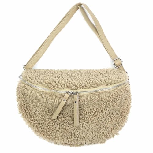 OBC Made in Italy Damen Teddyfell Tasche Leder Jeans Plüsch Bauchtasche Hüfttasche Schultertasche Bodybag Umhängetasche Crossbody Teddyplüsch Handytasche Crossbag Gürteltasche Helltaupe M von ITALYSHOP24