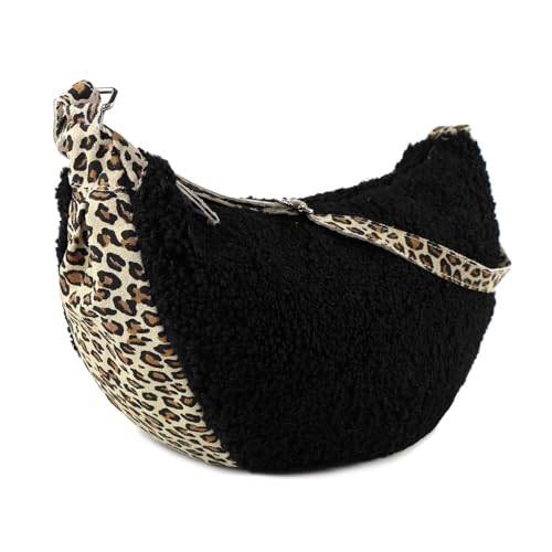 OBC Made in Italy Damen Teddyfell Tasche Leo Muster Plüsch Wildleder Schultertasche Bodybag Umhängetasche Crossbody Schwarz L von ITALYSHOP24