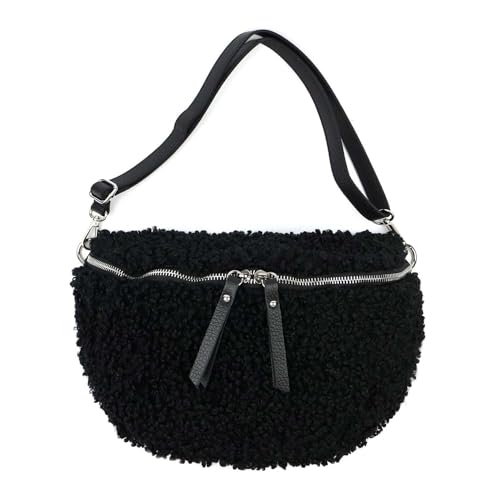 OBC Made in Italy Damen Teddyfell Tasche Plüsch Bauchtasche Hüfttasche Schultertasche Bodybag Umhängetasche Crossbody Teddyplüsch Crossbag Gürteltasche Wintertasche Lammfell Optik Schwarz M von ITALYSHOP24