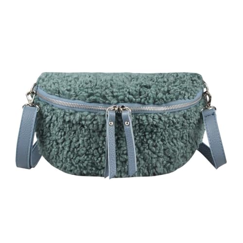 OBC Made in Italy Damen Teddyfell Tasche Plüsch Bauchtasche Hüfttasche Schultertasche Bodybag Umhängetasche Crossbody Teddyplüsch Handytasche Crossbag Gürteltasche Winter Lammfell-Optik Jeansblau von ITALYSHOP24