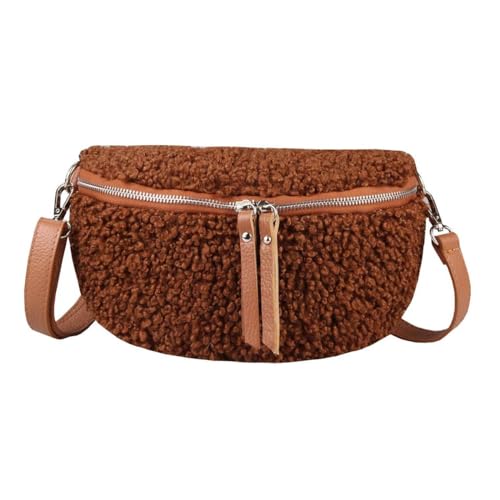 OBC Made in Italy Damen Teddyfell Tasche Plüsch Bauchtasche Hüfttasche Schultertasche Bodybag Umhängetasche Crossbody Teddyplüsch Handytasche Crossbag Gürteltasche Wintertasche Lammfell-Optik Cognac von ITALYSHOP24