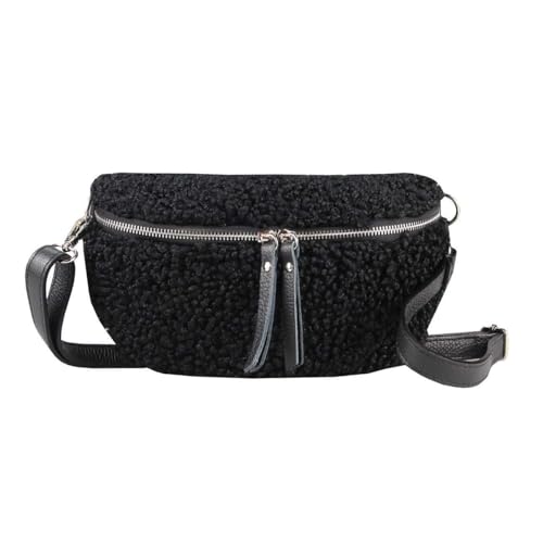 OBC Made in Italy Damen Teddyfell Tasche Plüsch Bauchtasche Hüfttasche Schultertasche Bodybag Umhängetasche Crossbody Teddyplüsch Handytasche Crossbag Gürteltasche Wintertasche Lammfell-Optik Schwarz von ITALYSHOP24