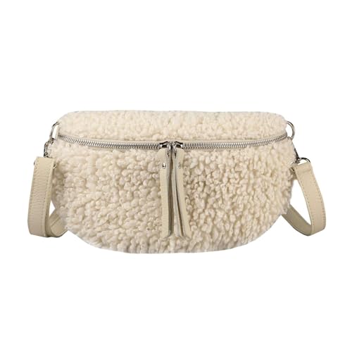 OBC Made in Italy Damen Teddyfell Tasche Plüsch Bauchtasche Hüfttasche Schultertasche Bodybag Umhängetasche Crossbody Teddyplüsch Handytasche Crossbag Gürteltasche Wintertasche Lammfell-Optik Beige von ITALYSHOP24
