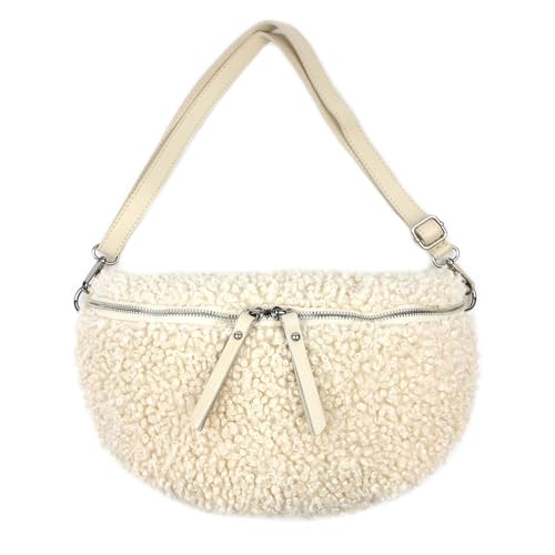 OBC Made in Italy Damen Teddyfell Tasche Plüsch Bauchtasche Hüfttasche Schultertasche Bodybag Umhängetasche Crossbody Teddyplüsch Handytasche Crossbag Gürteltasche Wintertasche Lammfell-Optik Beige M von ITALYSHOP24