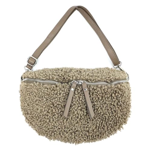 OBC Made in Italy Damen Teddyfell Tasche Plüsch Bauchtasche Hüfttasche Schultertasche Bodybag Umhängetasche Crossbody Teddyplüsch Handytasche Crossbag Gürteltasche Wintertasche Lammfell-Optik Taupe M von ITALYSHOP24