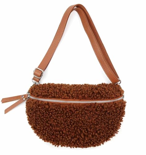 OBC Made in Italy Damen Teddyfell Tasche Plüsch Bauchtasche Hüfttasche Schultertasche Bodybag Umhängetasche Crossbody Teddyplüsch Handytasche Crossbag Gürteltasche Wintertasche Lammfell-Optik Cognac von ITALYSHOP24