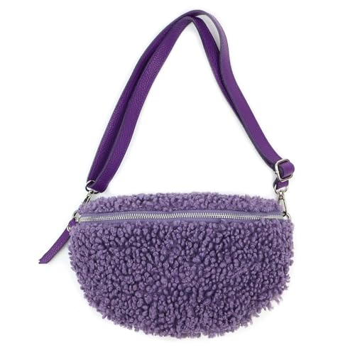 OBC Made in Italy Damen Teddyfell Tasche Plüsch Bauchtasche Hüfttasche Schultertasche Bodybag Umhängetasche Crossbody Teddyplüsch Handytasche Crossbag Gürteltasche Wintertasche Lammfell-Optik Lila von ITALYSHOP24