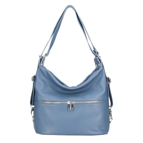 OBC Made in Italy Damen echt Leder 2in1 Handtasche Rucksack Schultertasche CityRucksack Stadtrucksack Backpack Lederrucksack Daypack Ledertasche Jeansblau von ITALYSHOP24