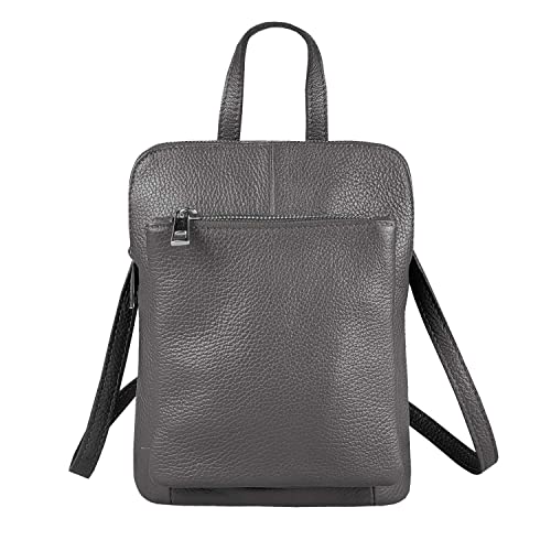 OBC Made in Italy Damen echt Leder Rucksack Bodybag Lederrucksack Tasche Schultertasche Ledertasche Crossbody Cross-Over Dunkelgrau von ITALYSHOP24