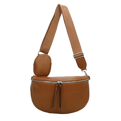 OBC XL Damen Tasche Crossbody Gürteltasche Messenger-Tasche Hüfttasche Bauchtasche Umhängetasche Cross-Over Bodybag Schultertasche Handytasche Leder Optik Cognac V1 von ITALYSHOP24