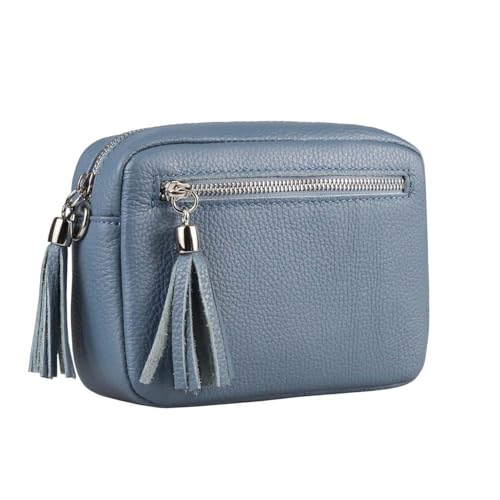ITALYSHOP24COM OBC Made in Italy Damen Leder Tasche Umhängetasche Schultertasche Beuteltasche Cross-Over Cross Bag Glattleder Schmucktasche Fransen Ledertasche (Jeansblau), ca.: 20x14x6 cm (BxHxT) von ITALYSHOP24COM