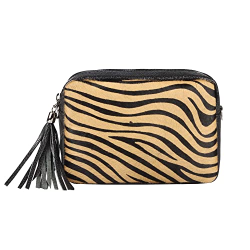 OBC Made in Italy Damen Leder Tasche Pelztasche Umhängetasche Schultertasche Beuteltasche Cross-Over Cross Bag Zebra Schmucktasche Fransen Ledertasche (Zebra (Pelz)), ca.: 20x14x6 cm (BxHxT) von ITALYSHOP24COM