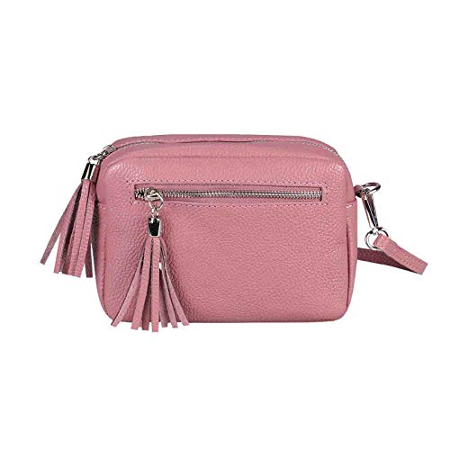 OBC Made in Italy Damen Leder Tasche Umhängetasche Schultertasche Beuteltasche Cross-Over Cross Bag Glattleder Schmucktasche Fransen Ledertasche (Altrosa) von ITALYSHOP24COM