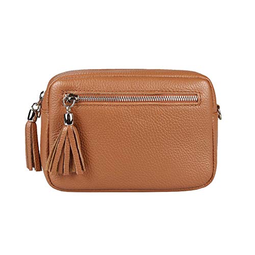 OBC Made in Italy Damen Leder Tasche Umhängetasche Schultertasche Beuteltasche Cross-Over Cross Bag Glattleder Schmucktasche Fransen Ledertasche (Cognac) von ITALYSHOP24COM