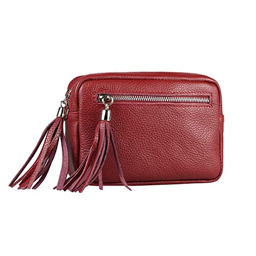 OBC Made in Italy Damen Leder Tasche Umhängetasche Schultertasche Beuteltasche Cross-Over Cross Bag Glattleder Schmucktasche Fransen Ledertasche (Dunkelrot), ca.: 20x14x6 cm (BxHxT) von ITALYSHOP24COM