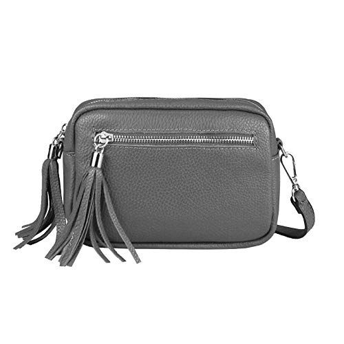 OBC Made in Italy Damen Leder Tasche Umhängetasche Schultertasche Beuteltasche Cross-Over Cross Bag Glattleder Schmucktasche Fransen Ledertasche (Grau) von ITALYSHOP24COM