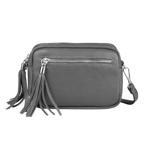 OBC Made in Italy Damen Leder Tasche Umhängetasche Schultertasche Beuteltasche Cross-Over Cross Bag Glattleder Schmucktasche Fransen Ledertasche (Grau) von ITALYSHOP24COM